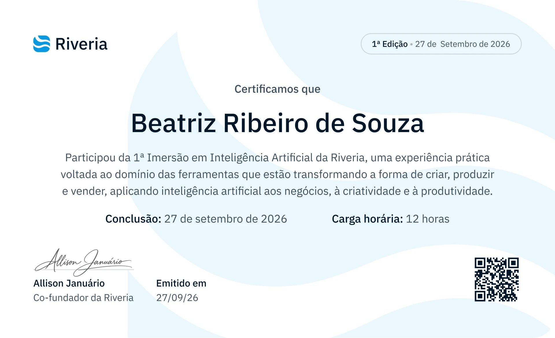Modelo do certificado de participação da Imersão Riveria
